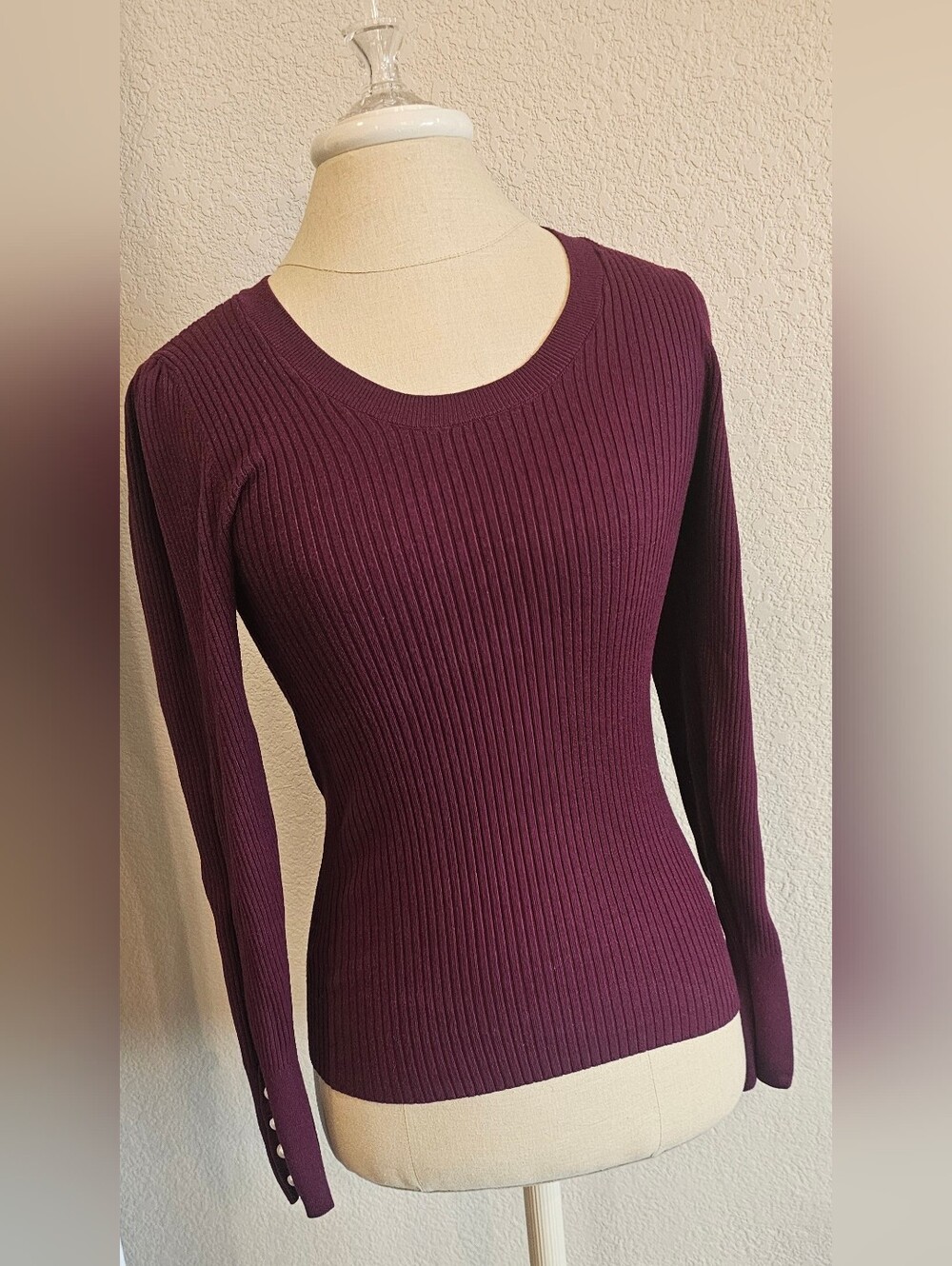 LOFT Ribbed Scoop neck Pearl Sleeve Dressy Stretch Sweater Plum Medium